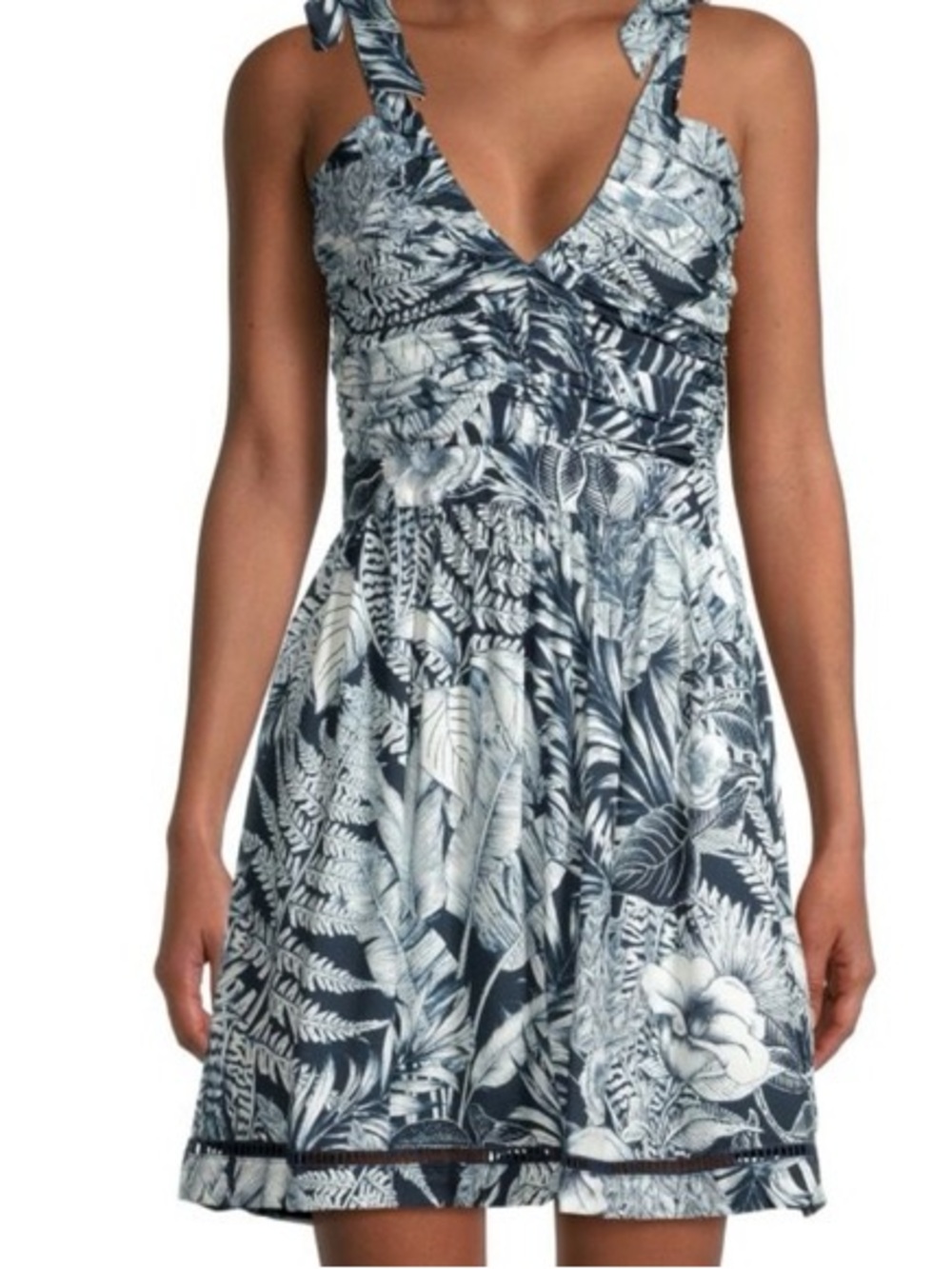 Agua bendita Floral Tie-Shoulder Mini Dress in Navy and White